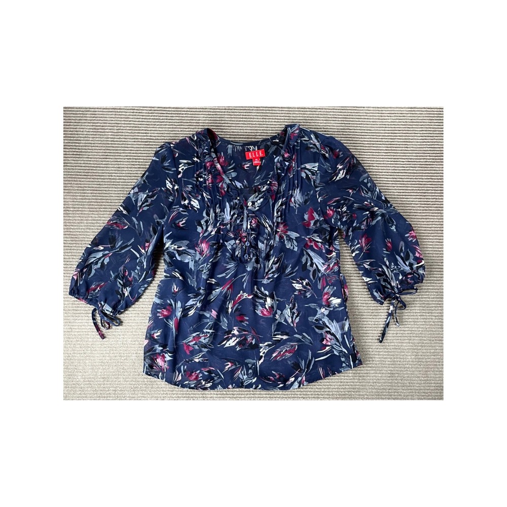 Elle Womens XS Navy Blue Floral Ruffle V-Neck 3/4 Sleeve Tie Back Blouse Top